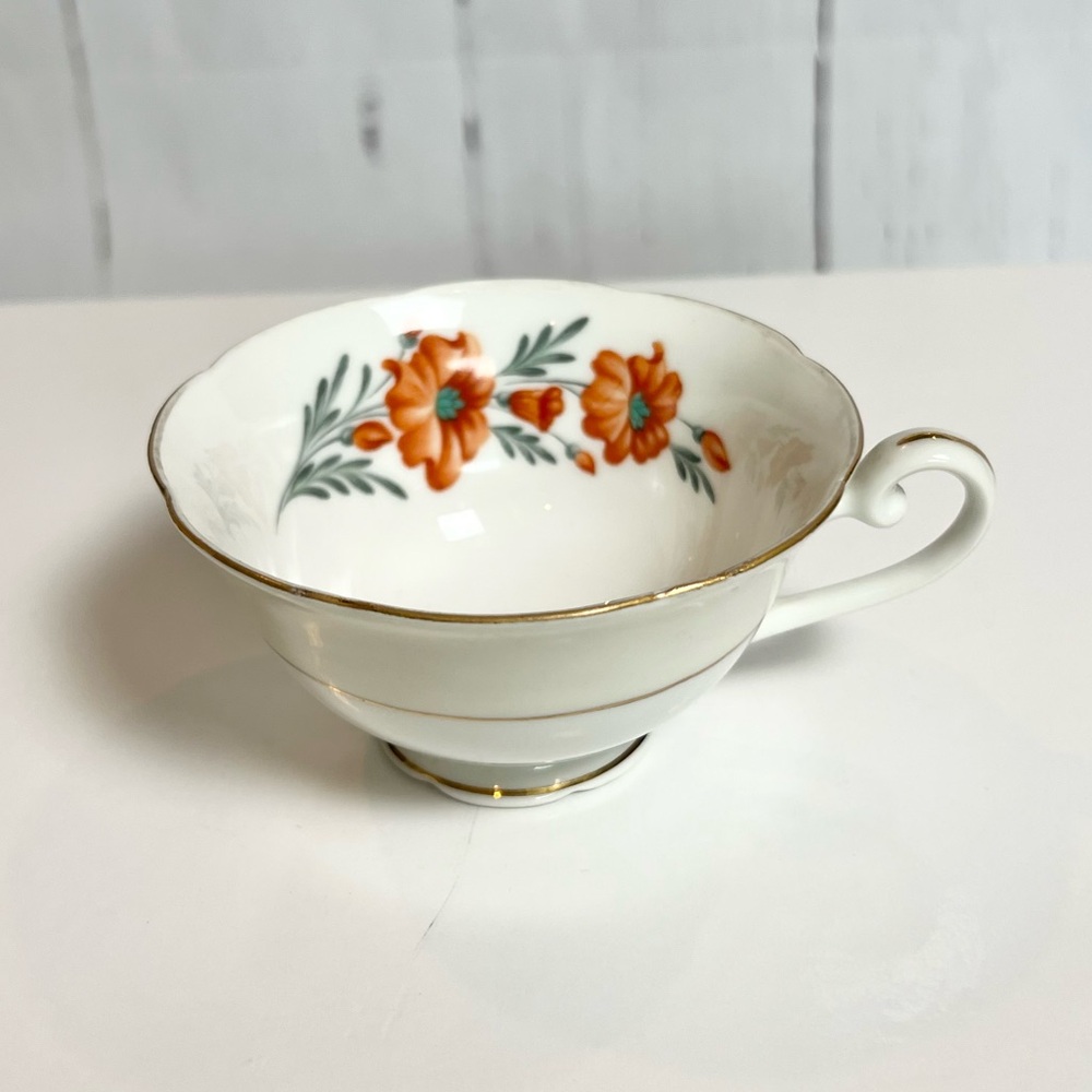 Vintage Jyoto China Occupied Japan Teacup, Hand Painted Orange Floral, MCM